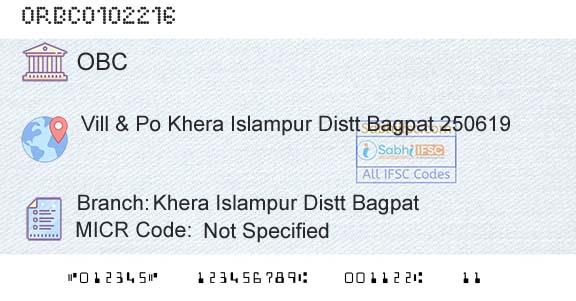 Oriental Bank Of Commerce Khera Islampur Distt BagpatBranch 