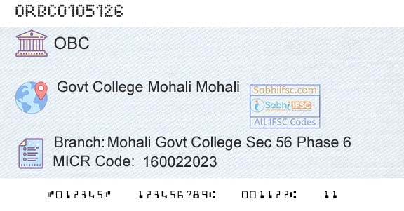 Oriental Bank Of Commerce Mohali Govt College Sec 56 Phase 6Branch 