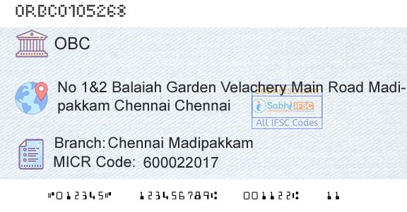 Oriental Bank Of Commerce Chennai MadipakkamBranch 