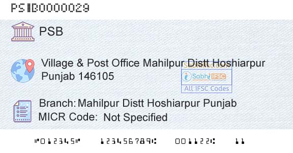 Punjab And Sind Bank Mahilpur Distt Hoshiarpur PunjabBranch 