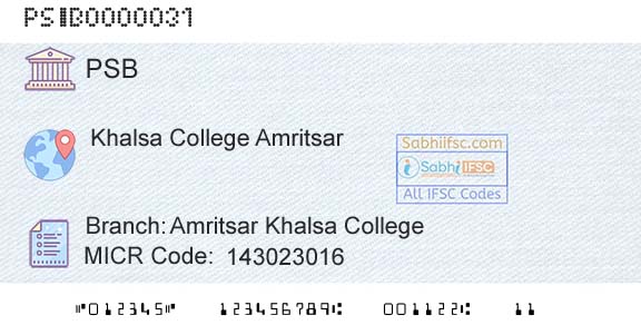 Punjab And Sind Bank Amritsar Khalsa CollegeBranch 