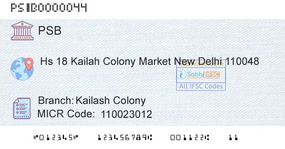 Punjab And Sind Bank Kailash ColonyBranch 