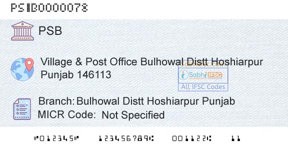 Punjab And Sind Bank Bulhowal Distt Hoshiarpur PunjabBranch 