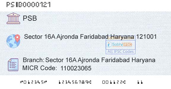 Punjab And Sind Bank Sector 16a Ajronda Faridabad HaryanaBranch 