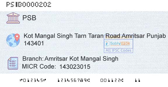 Punjab And Sind Bank Amritsar Kot Mangal SinghBranch 