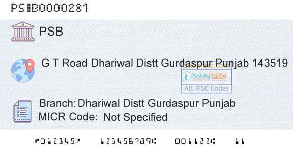 Punjab And Sind Bank Dhariwal Distt Gurdaspur PunjabBranch 