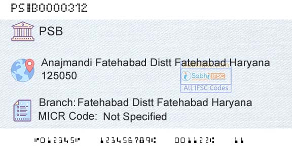 Punjab And Sind Bank Fatehabad Distt Fatehabad HaryanaBranch 