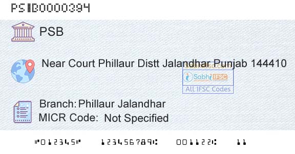 Punjab And Sind Bank Phillaur JalandharBranch 