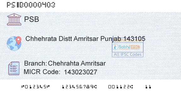 Punjab And Sind Bank Chehrahta AmritsarBranch 