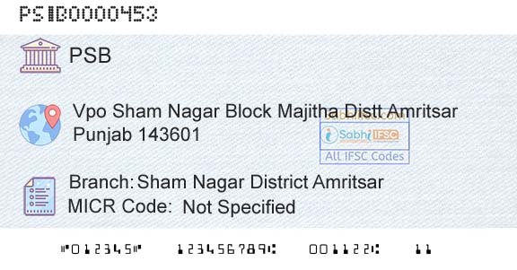 Punjab And Sind Bank Sham Nagar District AmritsarBranch 