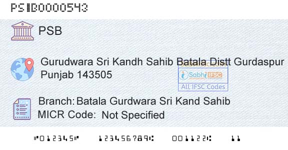 Punjab And Sind Bank Batala Gurdwara Sri Kand SahibBranch 