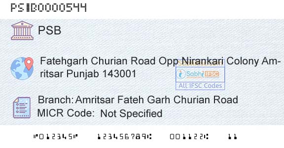 Punjab And Sind Bank Amritsar Fateh Garh Churian RoadBranch 