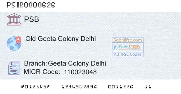 Punjab And Sind Bank Geeta Colony DelhiBranch 