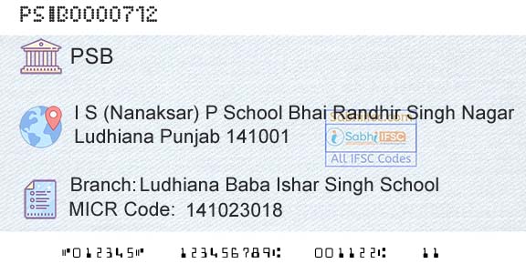 Punjab And Sind Bank Ludhiana Baba Ishar Singh SchoolBranch 