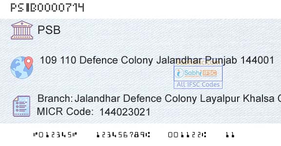 Punjab And Sind Bank Jalandhar Defence Colony Layalpur Khalsa College PBranch 