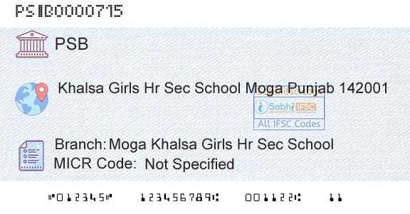Punjab And Sind Bank Moga Khalsa Girls Hr Sec SchoolBranch 