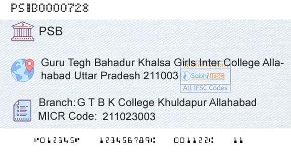 Punjab And Sind Bank G T B K College Khuldapur AllahabadBranch 