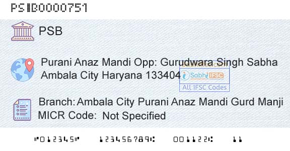 Punjab And Sind Bank Ambala City Purani Anaz Mandi Gurd Manji Branch 