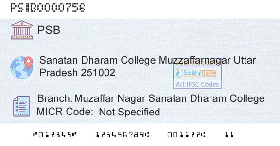 Punjab And Sind Bank Muzaffar Nagar Sanatan Dharam College Branch 