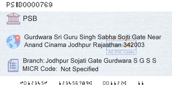 Punjab And Sind Bank Jodhpur Sojati Gate Gurdwara S G S S Branch 