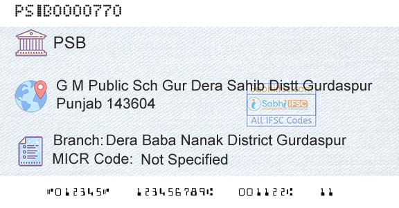 Punjab And Sind Bank Dera Baba Nanak District GurdaspurBranch 