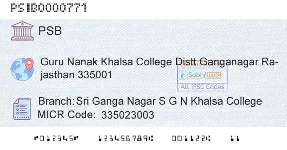 Punjab And Sind Bank Sri Ganga Nagar S G N Khalsa College Branch 