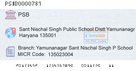 Punjab And Sind Bank Yamunanagar Sant Nischal Singh P SchoolBranch 