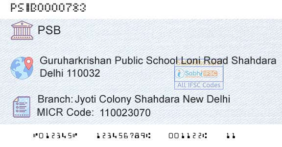 Punjab And Sind Bank Jyoti Colony Shahdara New DelhiBranch 