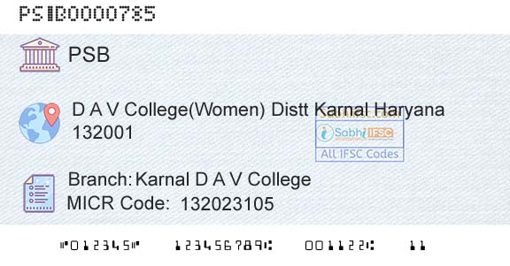 Punjab And Sind Bank Karnal D A V CollegeBranch 