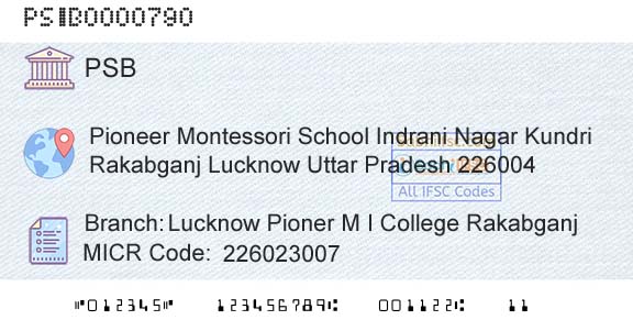 Punjab And Sind Bank Lucknow Pioner M I College RakabganjBranch 