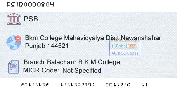 Punjab And Sind Bank Balachaur B K M CollegeBranch 