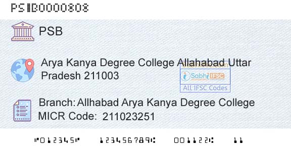Punjab And Sind Bank Allhabad Arya Kanya Degree CollegeBranch 