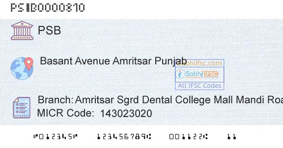 Punjab And Sind Bank Amritsar Sgrd Dental College Mall Mandi RoadBranch 