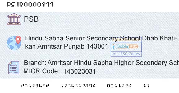 Punjab And Sind Bank Amritsar Hindu Sabha Higher Secondary SchoolBranch 