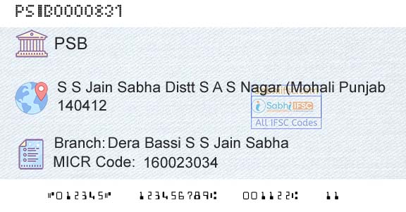Punjab And Sind Bank Dera Bassi S S Jain SabhaBranch 