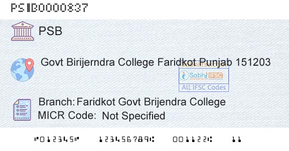 Punjab And Sind Bank Faridkot Govt Brijendra CollegeBranch 
