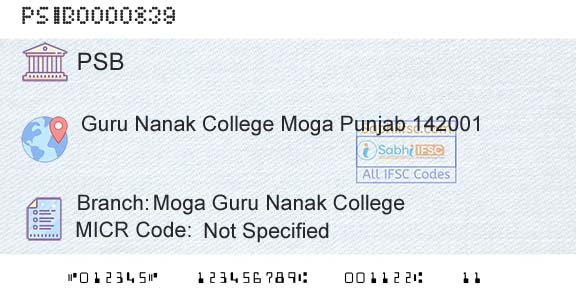 Punjab And Sind Bank Moga Guru Nanak CollegeBranch 