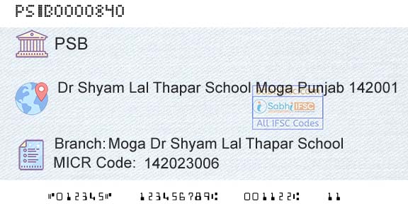 Punjab And Sind Bank Moga Dr Shyam Lal Thapar SchoolBranch 