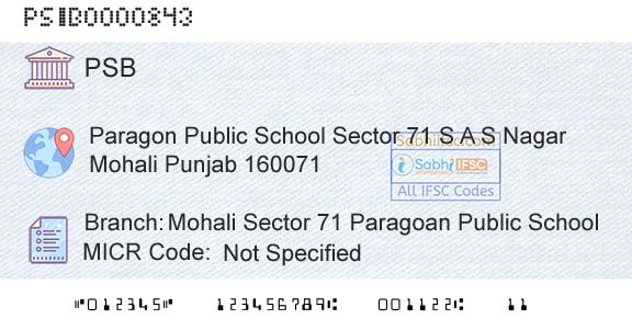 Punjab And Sind Bank Mohali Sector 71 Paragoan Public SchoolBranch 