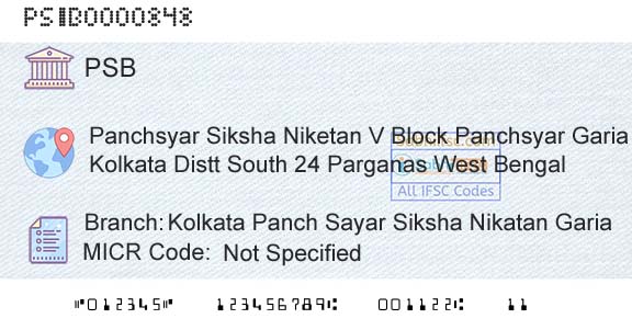 Punjab And Sind Bank Kolkata Panch Sayar Siksha Nikatan GariaBranch 