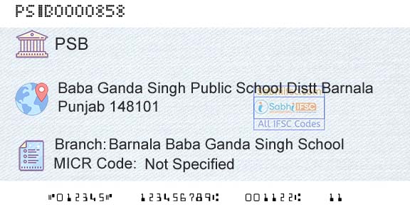 Punjab And Sind Bank Barnala Baba Ganda Singh SchoolBranch 