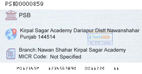 Punjab And Sind Bank Nawan Shahar Kirpal Sagar AcademyBranch 