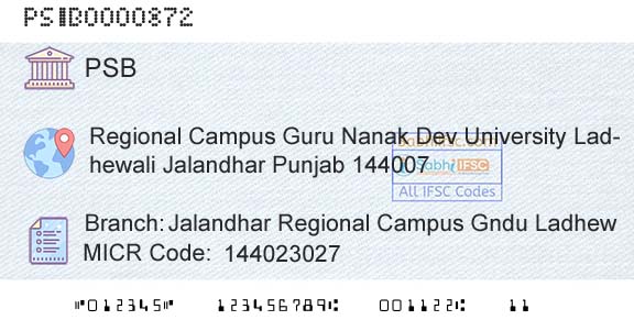 Punjab And Sind Bank Jalandhar Regional Campus Gndu LadhewBranch 