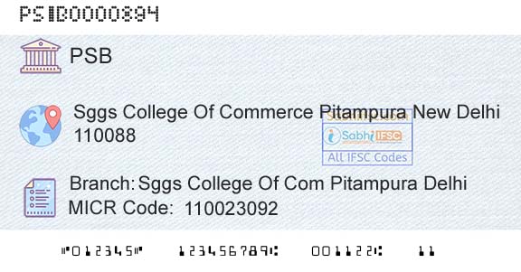 Punjab And Sind Bank Sggs College Of Com Pitampura DelhiBranch 