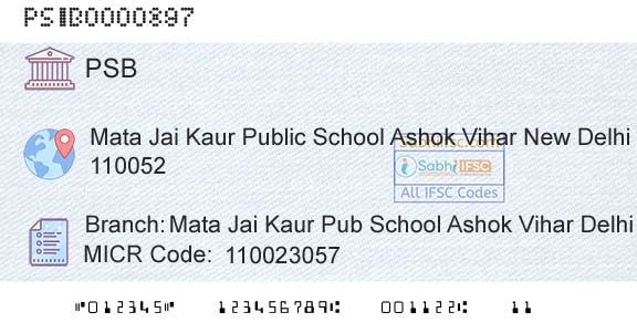 Punjab And Sind Bank Mata Jai Kaur Pub School Ashok Vihar DelhiBranch 