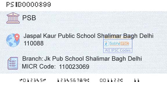 Punjab And Sind Bank Jk Pub School Shalimar Bagh DelhiBranch 