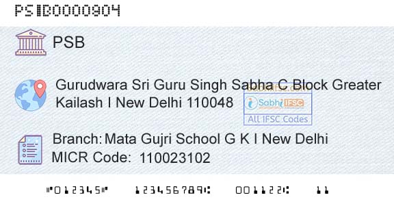 Punjab And Sind Bank Mata Gujri School G K I New DelhiBranch 