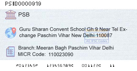 Punjab And Sind Bank Meeran Bagh Paschim Vihar DelhiBranch 