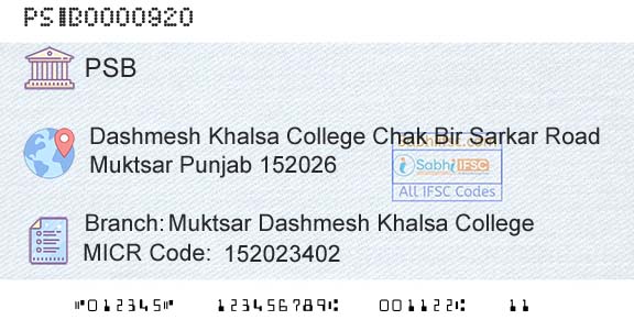Punjab And Sind Bank Muktsar Dashmesh Khalsa CollegeBranch 