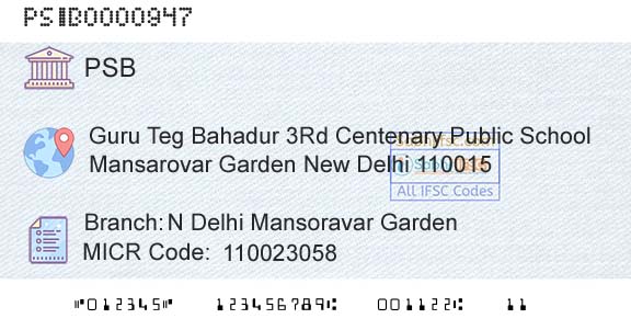 Punjab And Sind Bank N Delhi Mansoravar GardenBranch 
